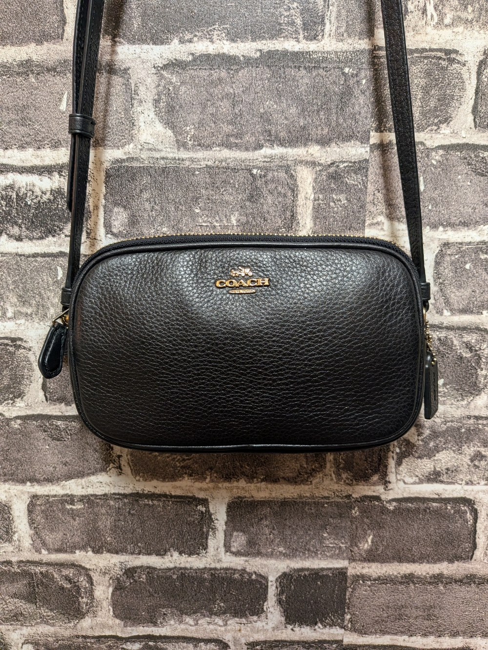 Coach Mini Camera Black Pebbled Leather Camera Crossbody with Gold Logo